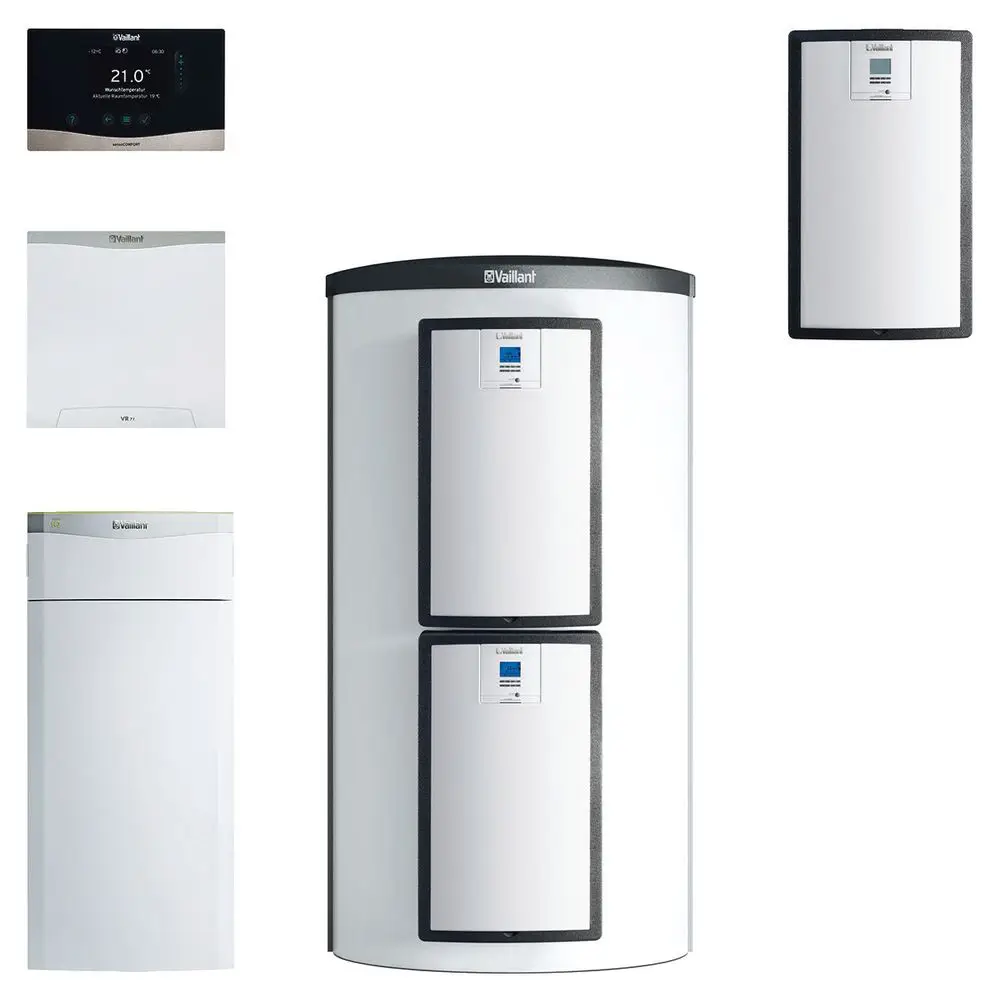 Vaillant Heiztechnik-Anlage mit einem großen, weißen Tank und mehreren Steuergeräten, die den Betrieb und die Temperatur anzeigen.